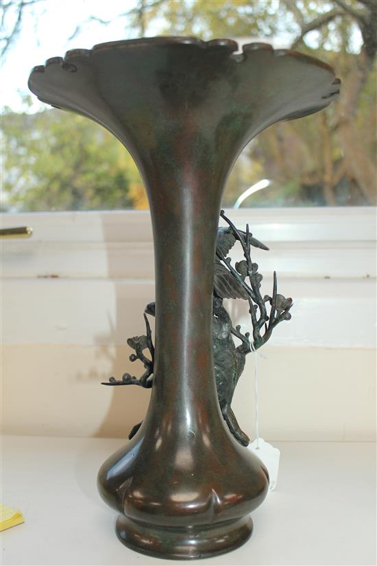 A Japanese patinated bronze falcon vase, signed Seiya Saka, Meiji period, height 31.5cm